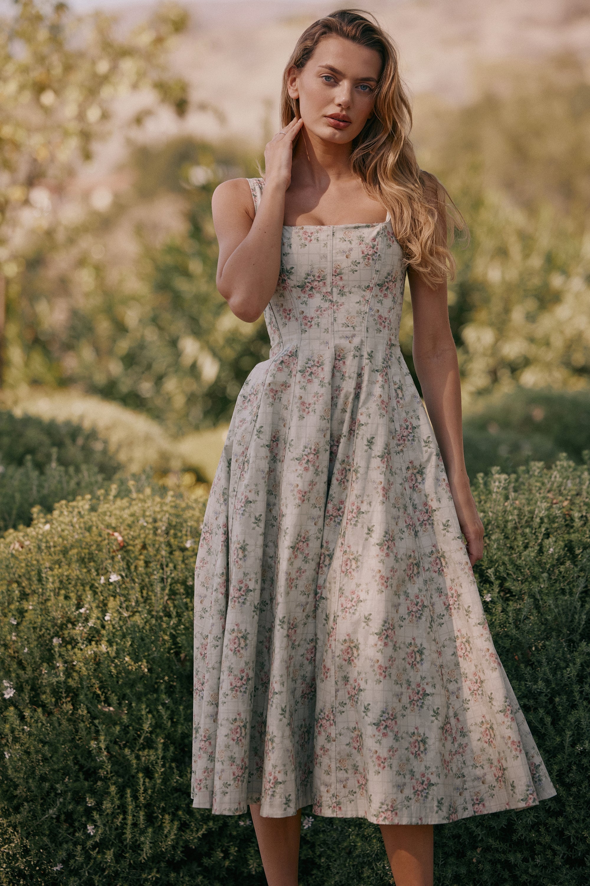 Mariabella-Sage Floral Print Cotton Midi Dress